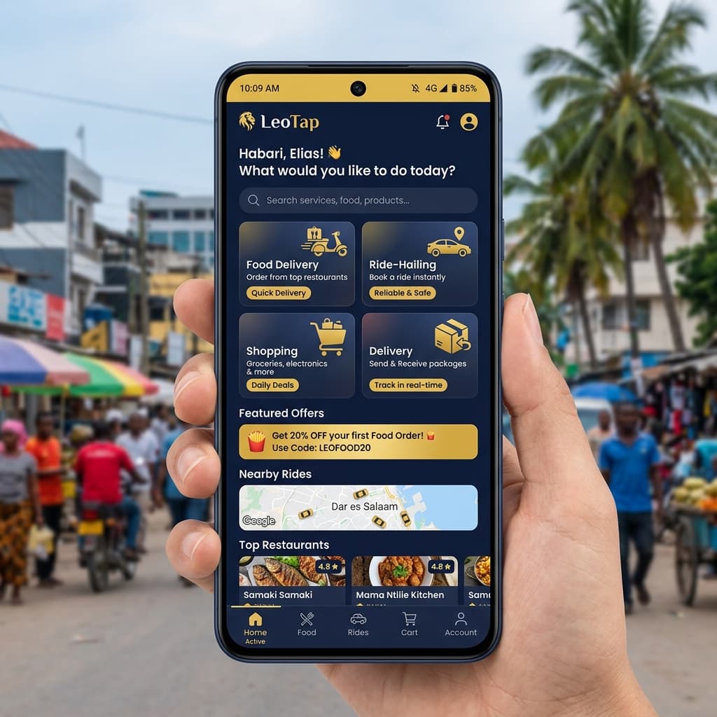 LeoTap customer app with food, rides, shopping, and delivery modules