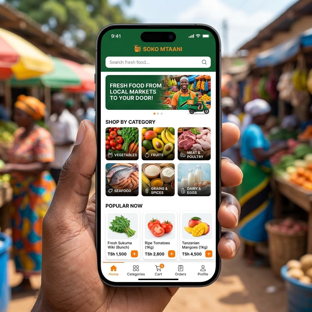 Soko Mtaani mobile shopping app displayed in a local market setting
