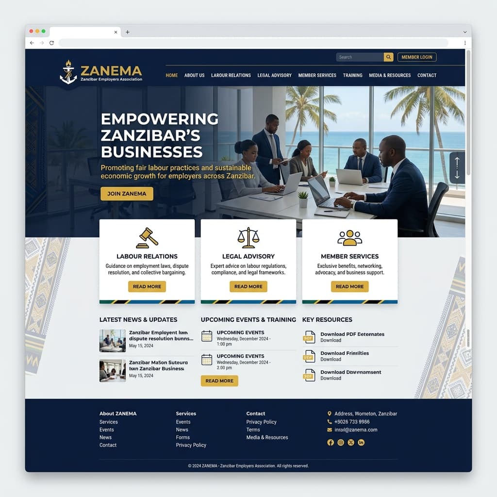 ZANEMA website homepage with employer services and membership content