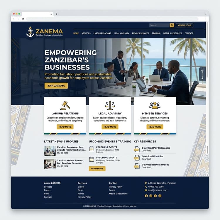 ZANEMA website homepage with employer services and membership content